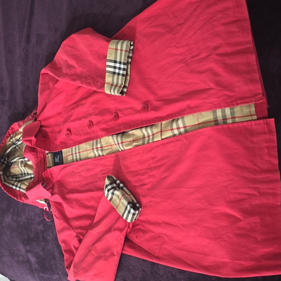 Burberry Red Coat with Plaid Hood - Picture 1 of 8
